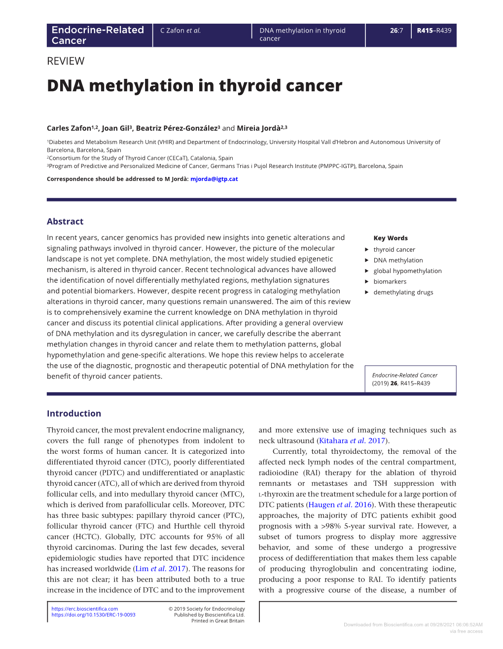 DNA Methylation in Thyroid Cancer
