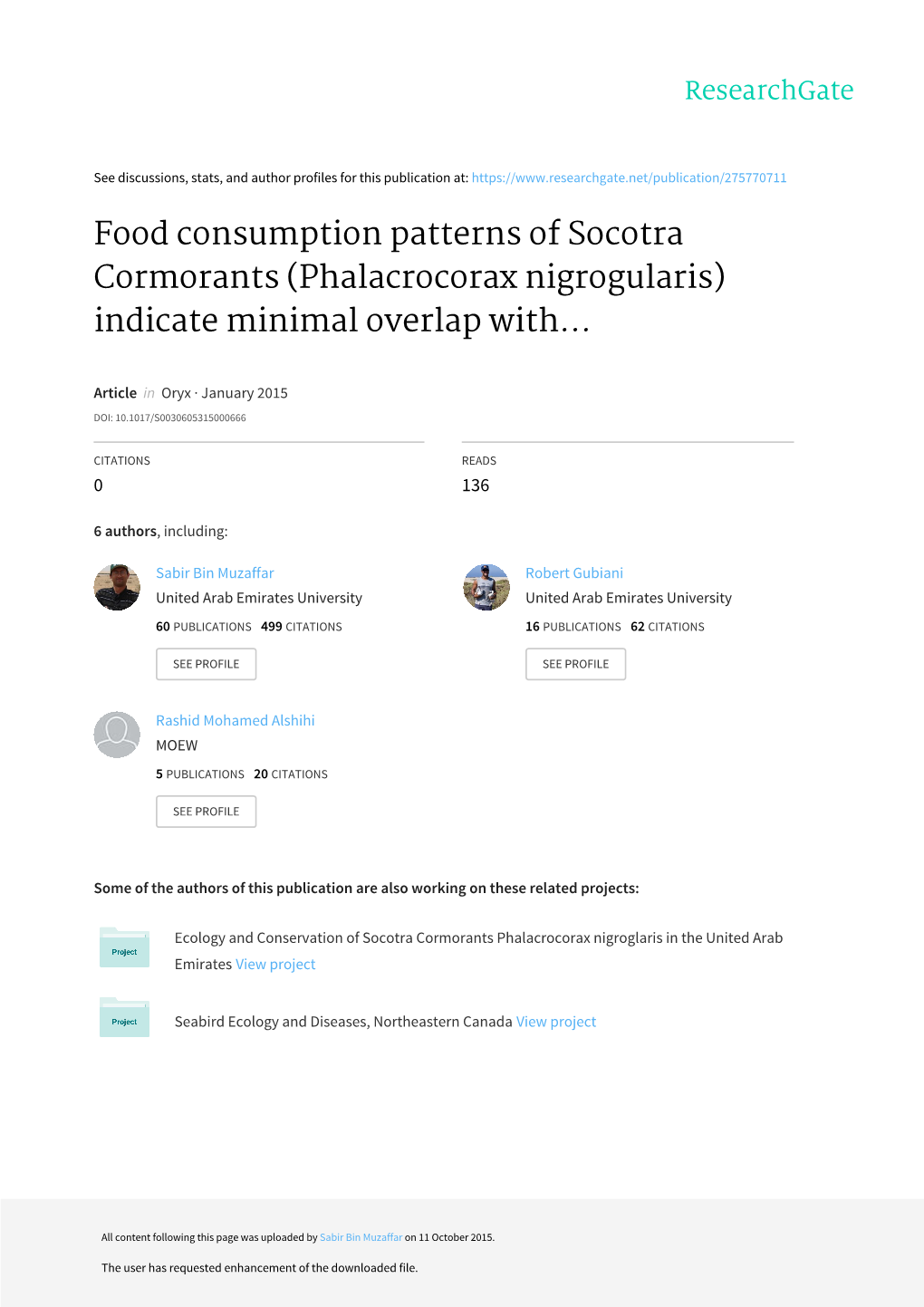 Food Consumption Patterns of Socotra Cormorants (Phalacrocorax Nigrogularis) Indicate Minimal Overlap With