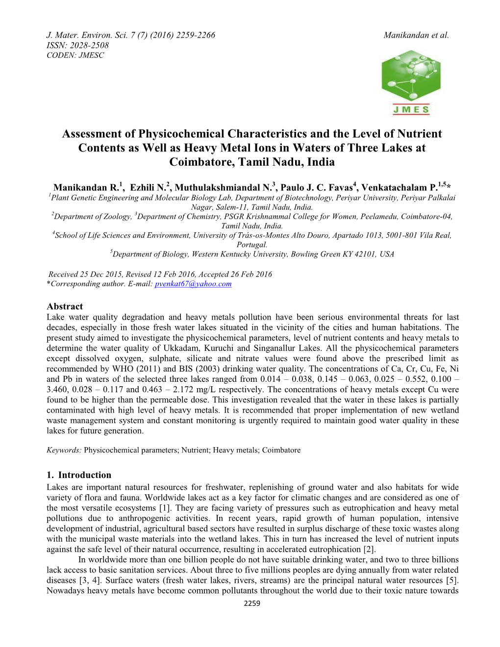 Assessment of Physicochemical Characteristics and the Level Of