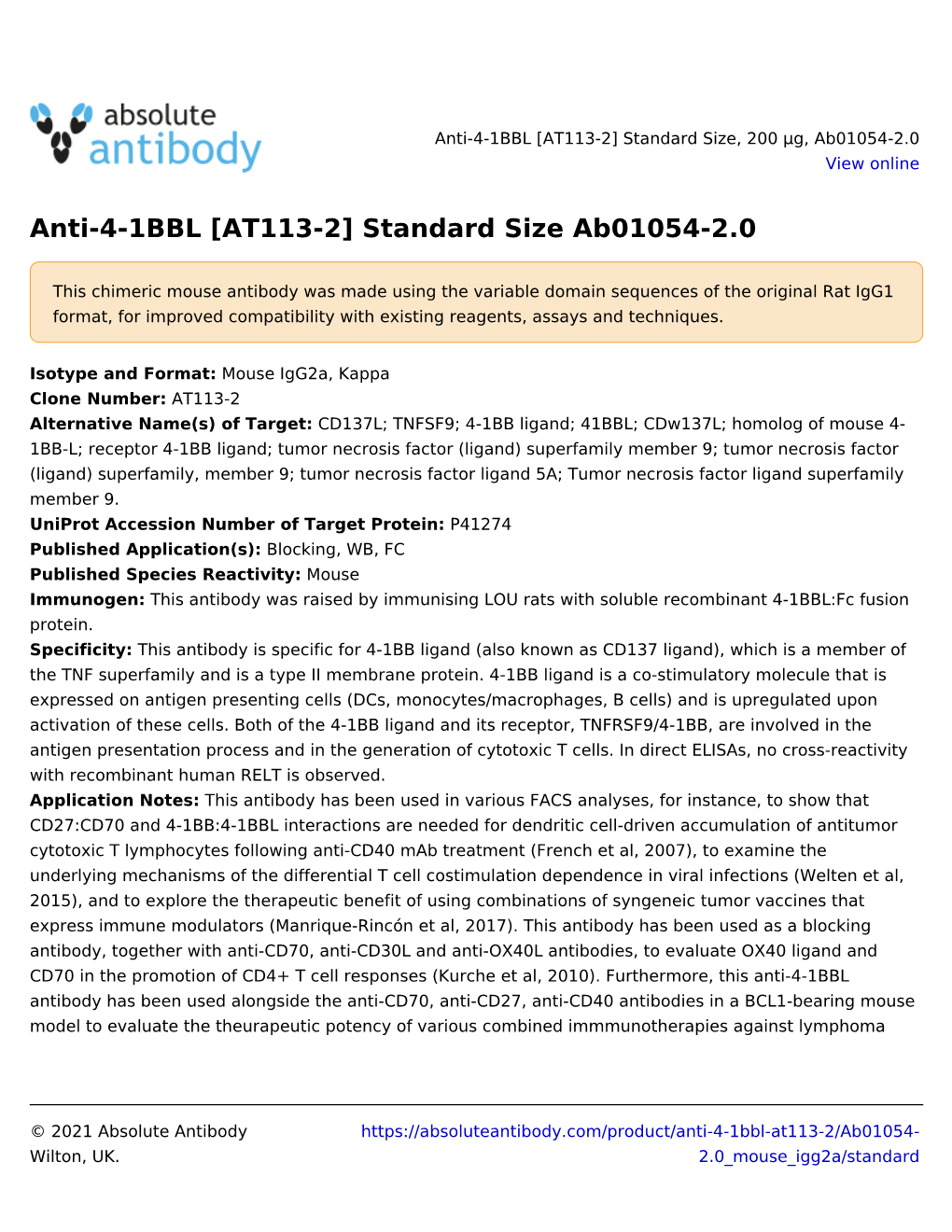 Anti-4-1BBL [AT113-2] Standard Size Ab01054-2.0