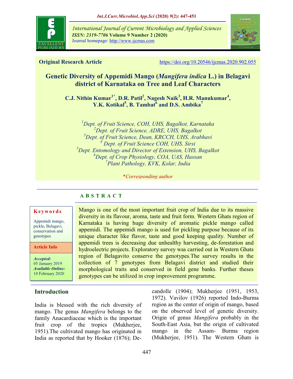 Genetic Diversity of Appemidi Mango (Mangifera Indica L.) in Belagavi District of Karnataka on Tree and Leaf Characters