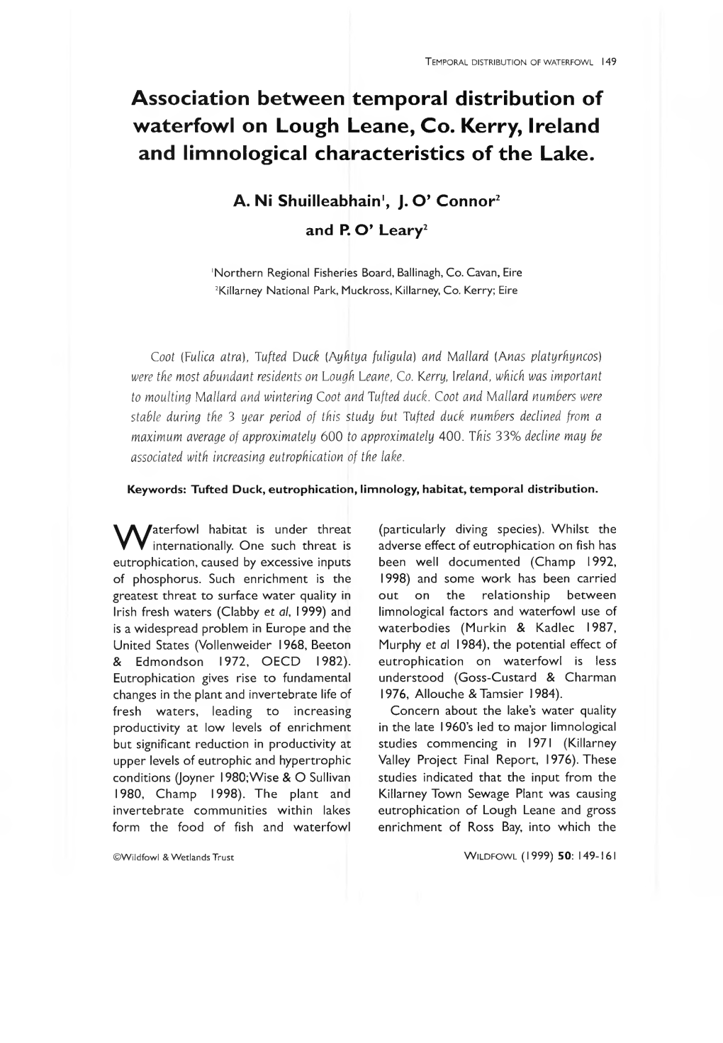 Association Between Temporal Distribution of Waterfowl on Lough Leane, Co