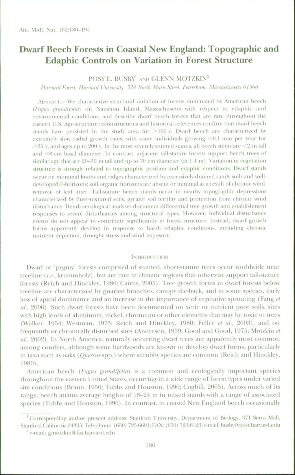 Dwarf Beech Forests in Coastal New England: Topographic and Edaphic Controls on Variation in Forest Structure