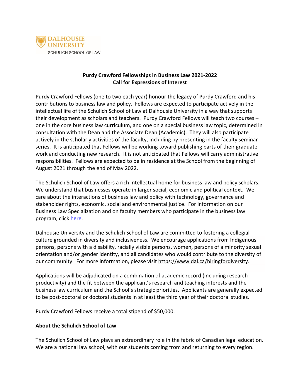 Purdy Crawford Fellowship in Business Law 2021
