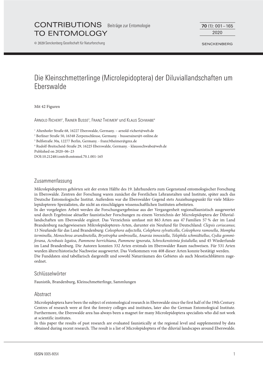 Die Kleinschmetterlinge (Microlepidoptera) Der Diluviallandschaften Um Eberswalde