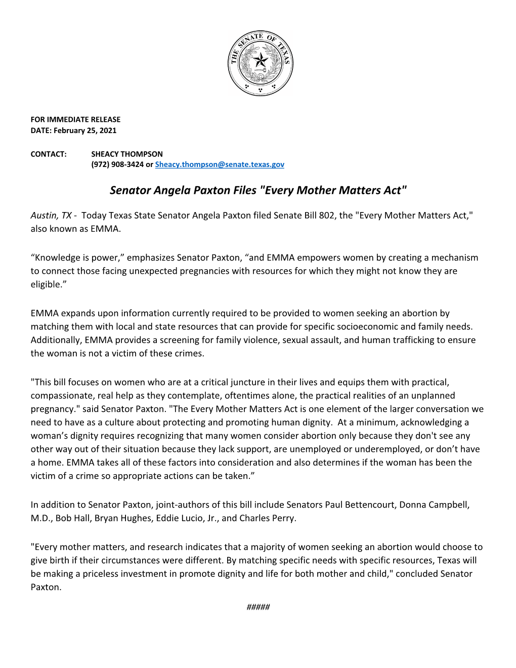 Senator Angela Paxton Files "Every Mother Matters Act"