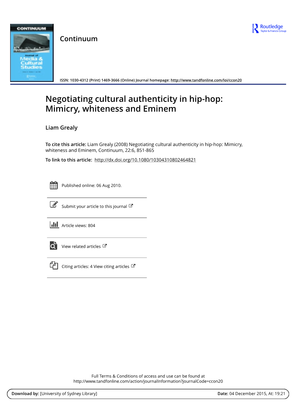 Negotiating Cultural Authenticity in Hip-Hop: Mimicry, Whiteness and Eminem