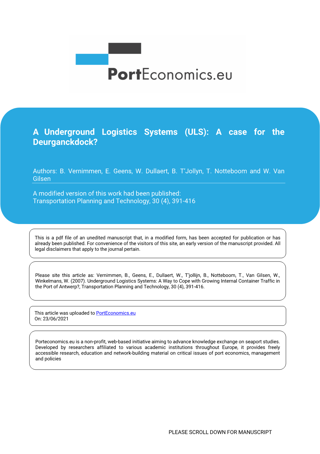 A Underground Logistics Systems (ULS): a Case for the Deurganckdock?