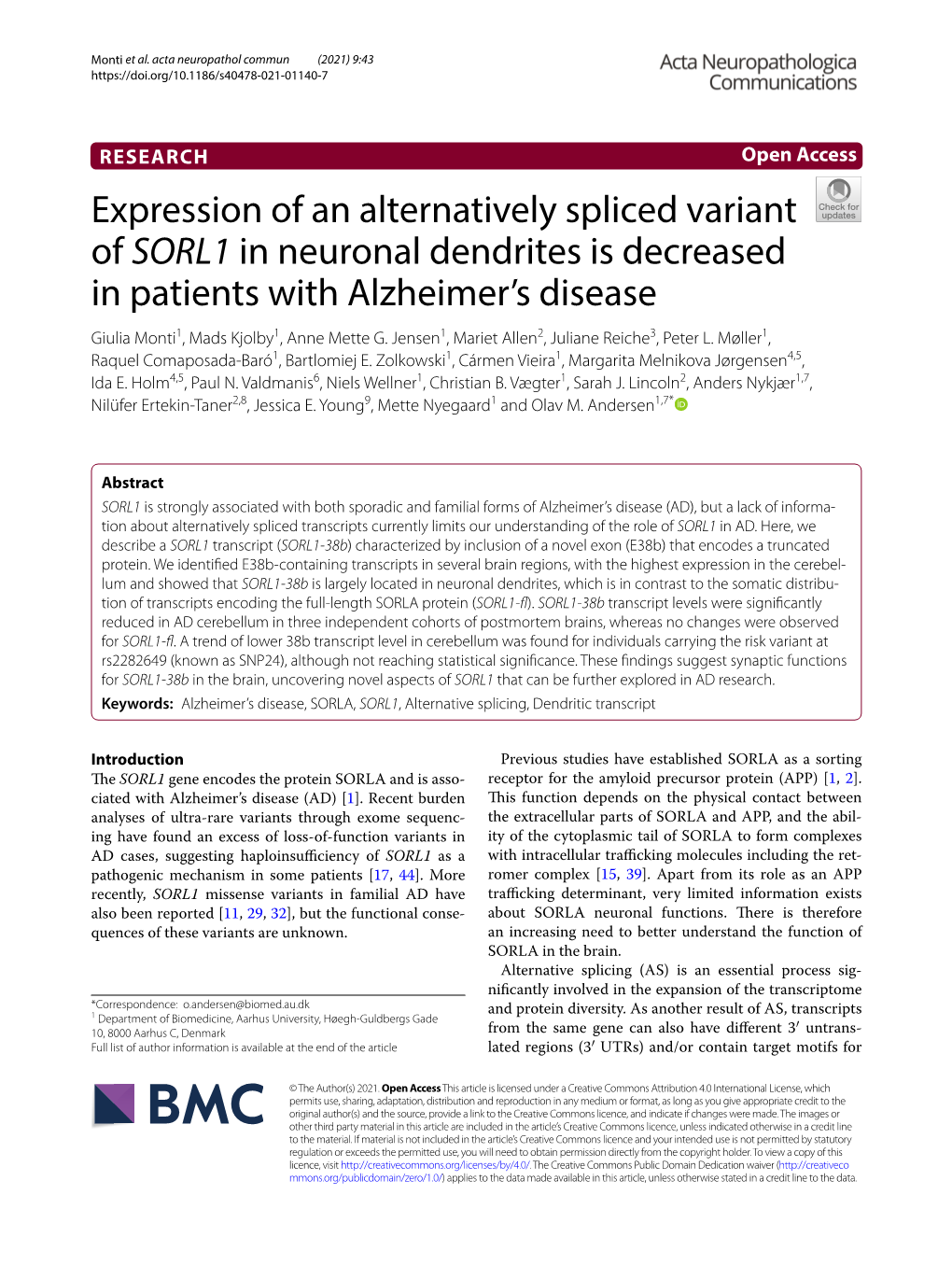 Expression of an Alternatively Spliced Variant of SORL1 in Neuronal