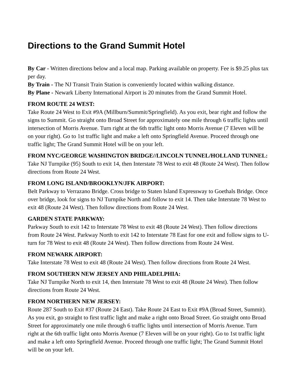 Directions to the Grand Summit Hotel