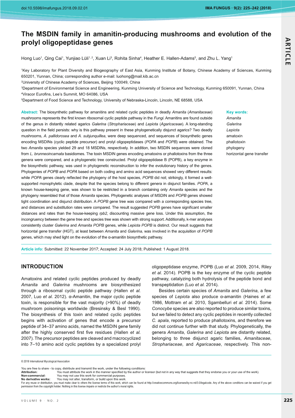 AR TICLE the MSDIN Family in Amanitin-Producing Mushrooms and Evolution of the Prolyl Oligopeptidase Genes