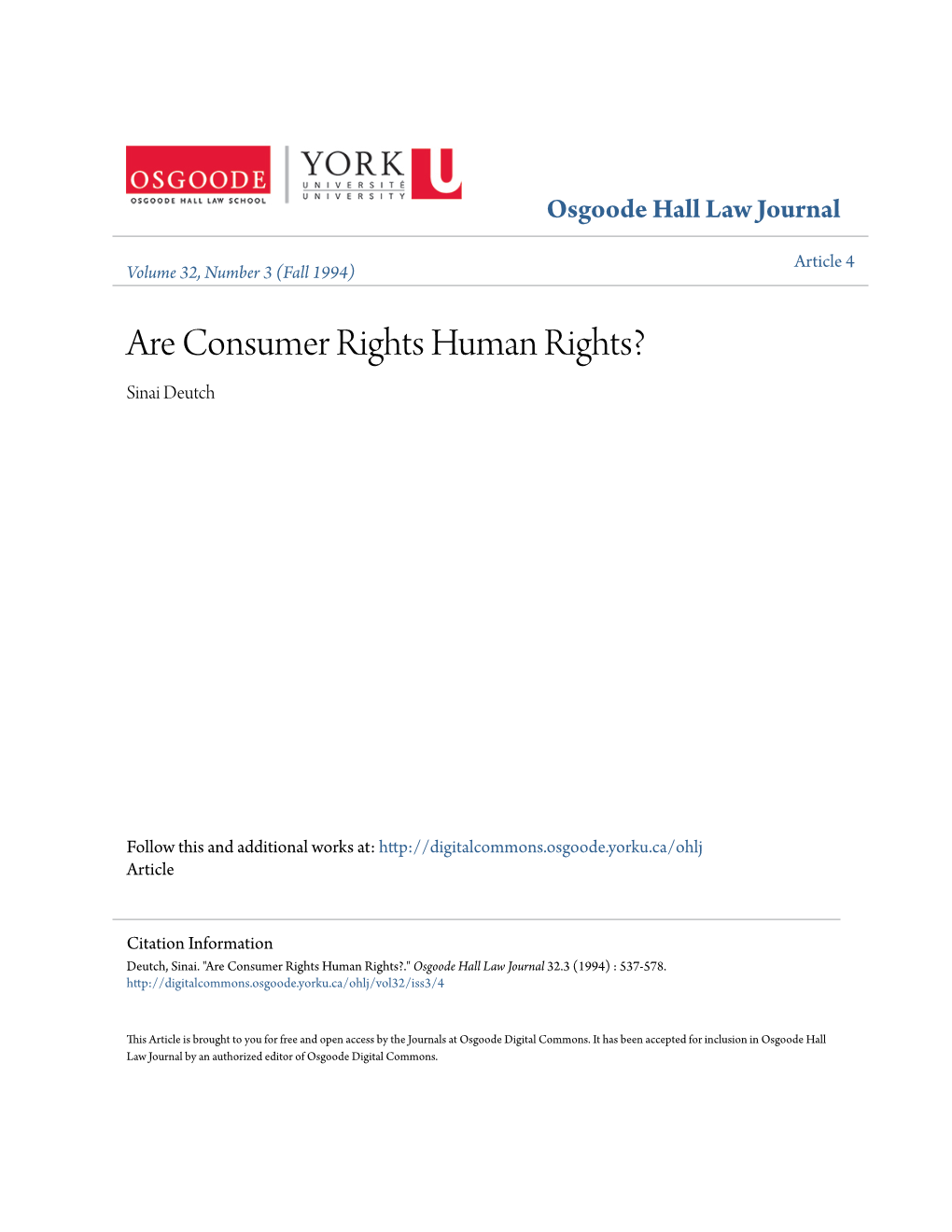 Are Consumer Rights Human Rights? Sinai Deutch
