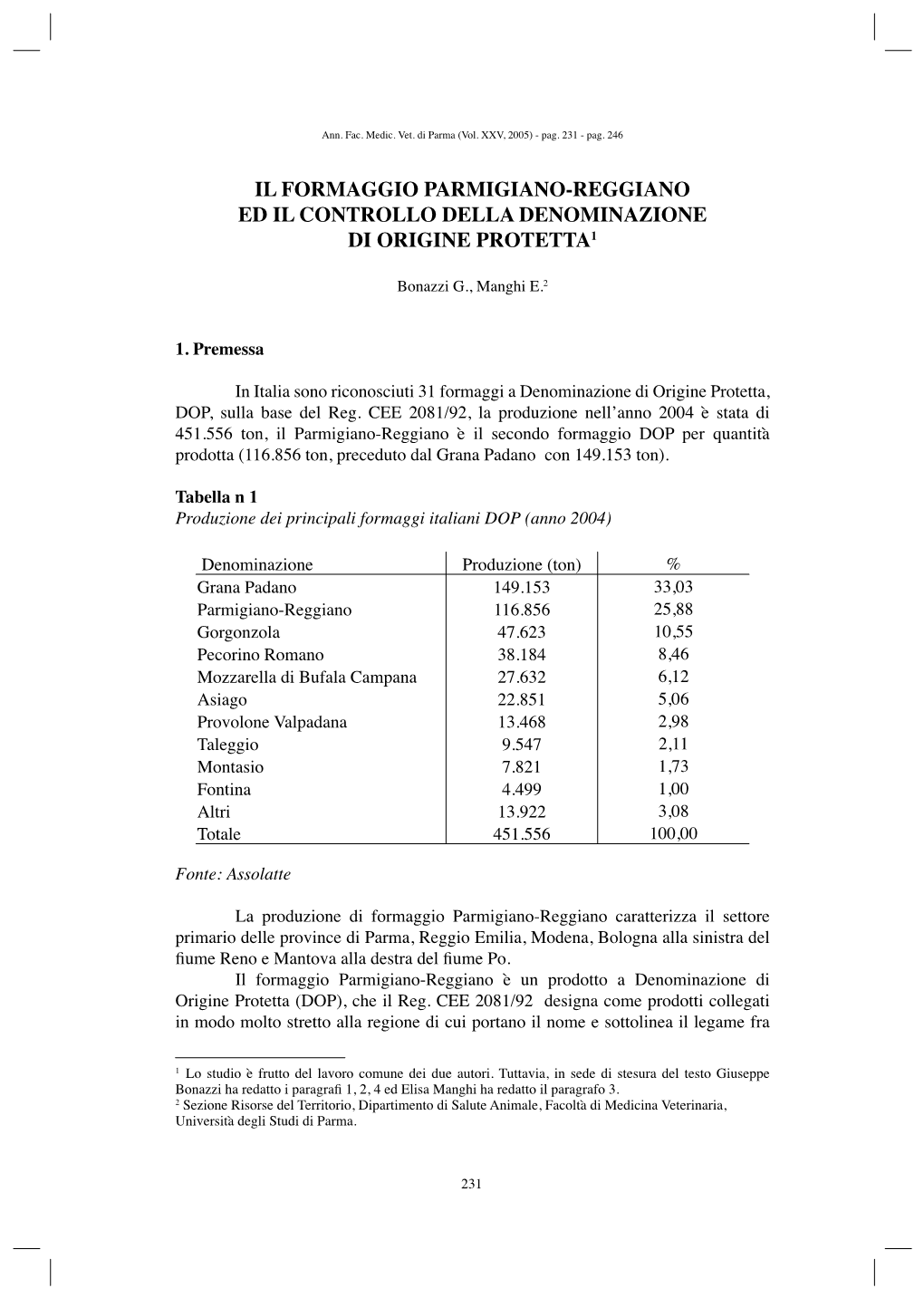 Il Formaggio Parmigiano-Reggiano Ed Il Controllo Della Denominazione Di Origine Protetta1