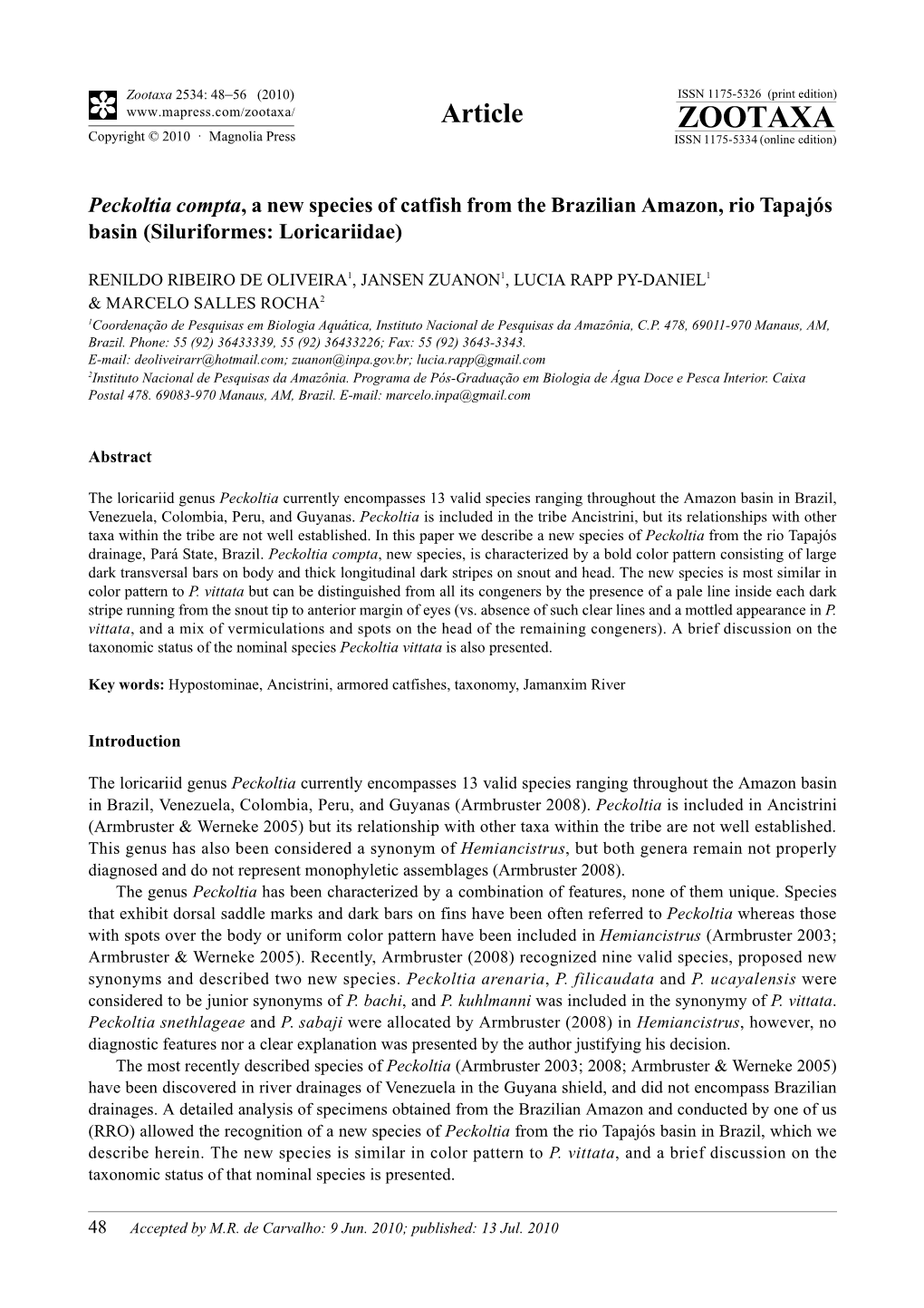 Zootaxa, Peckoltia Compta, a New Species of Catfish from the Brazilian