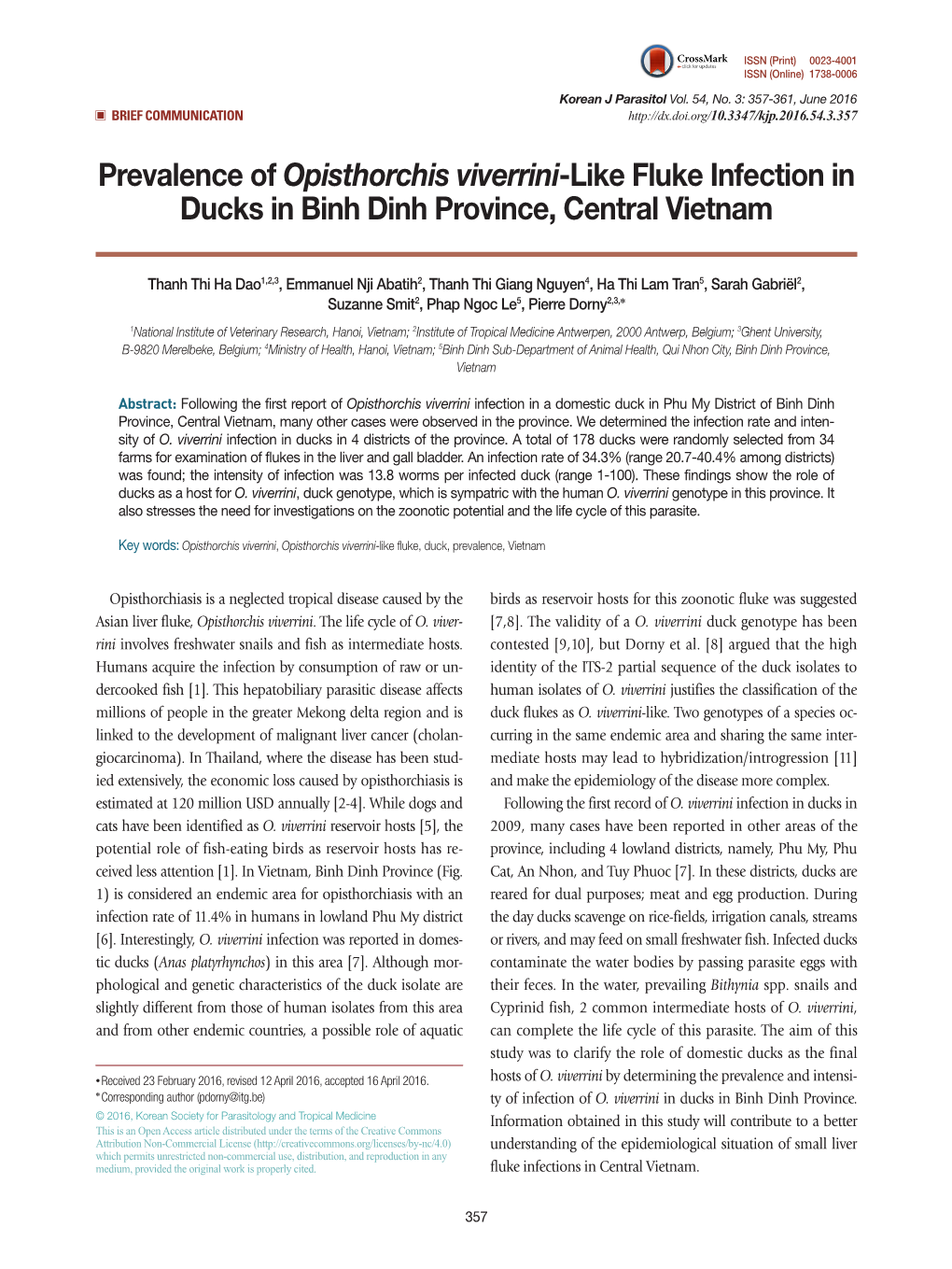 Prevalence of Opisthorchis Viverrini-Like Fluke Infection in Ducks in Binh Dinh Province, Central Vietnam