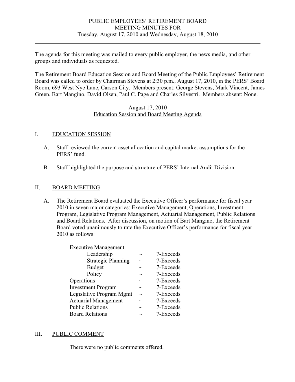 PUBLIC EMPLOYEES' RETIREMENT BOARD MEETING MINUTES for Tuesday, August 17, 2010 and Wednesday, August 18, 2010 the Agenda