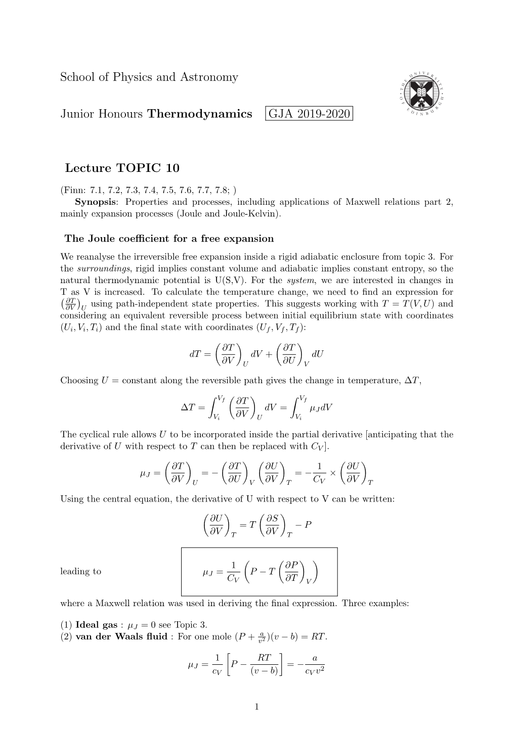 School of Physics and Astronomy Junior Honours Thermodynamics