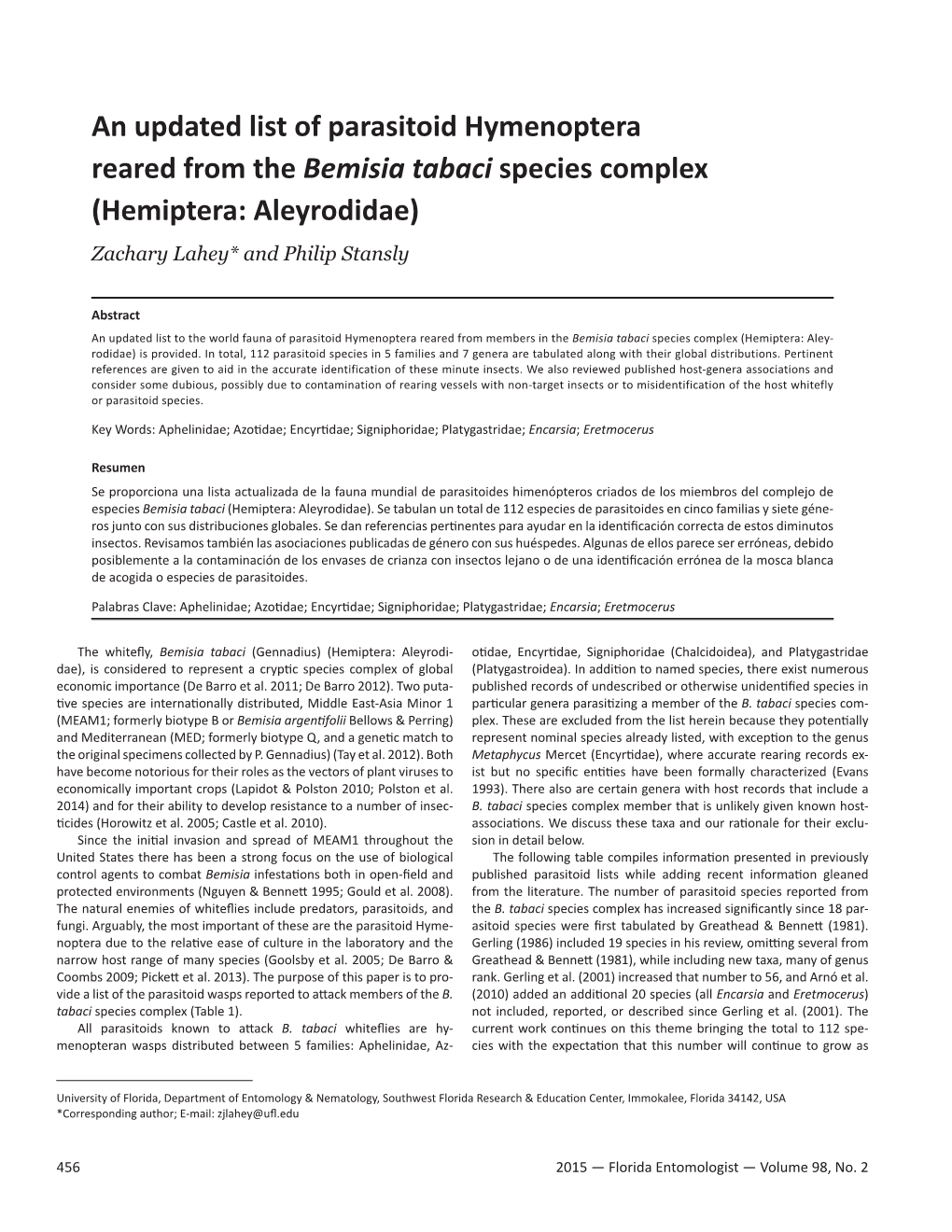 An Updated List of Parasitoid Hymenoptera Reared from the Bemisia Tabaci Species Complex (Hemiptera: Aleyrodidae) Zachary Lahey* and Philip Stansly