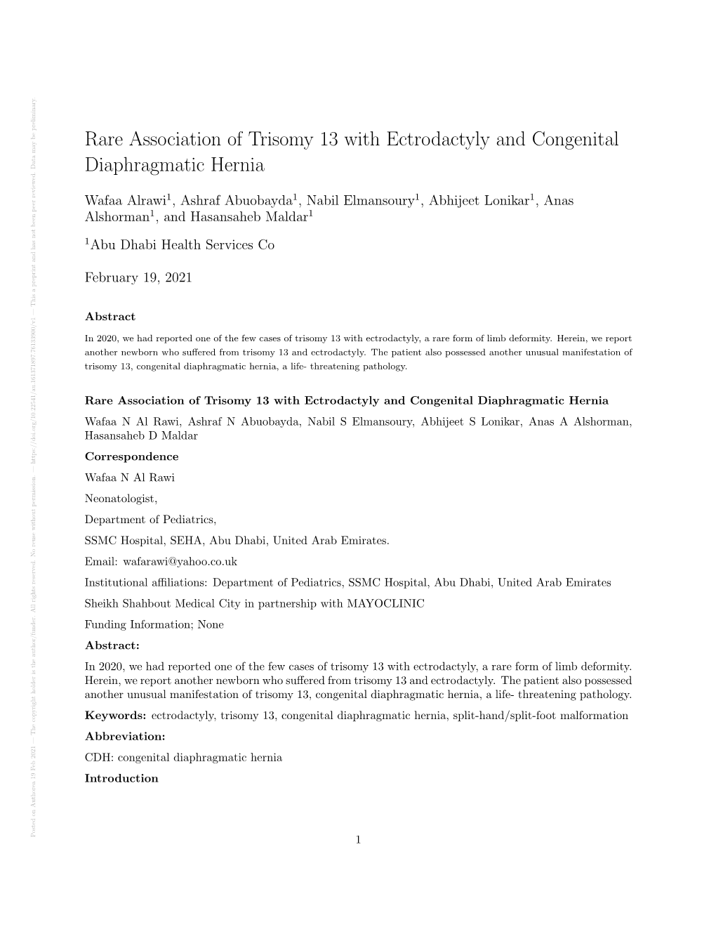 Rare Association of Trisomy 13 with Ectrodactyly and Congenital Diaphragmatic Hernia