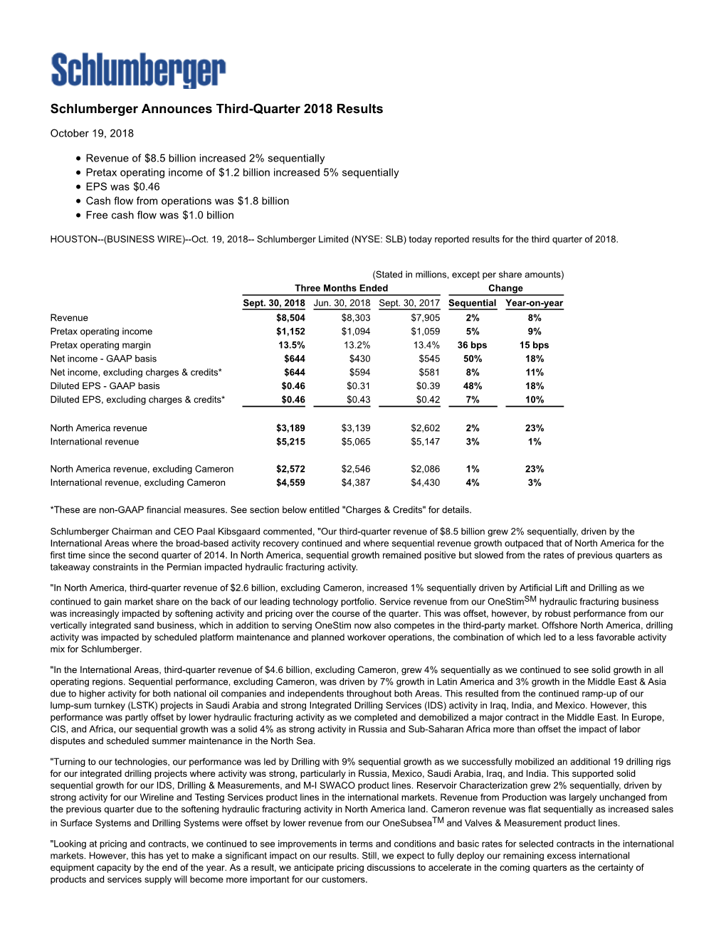 Schlumberger Announces Third-Quarter 2018 Results