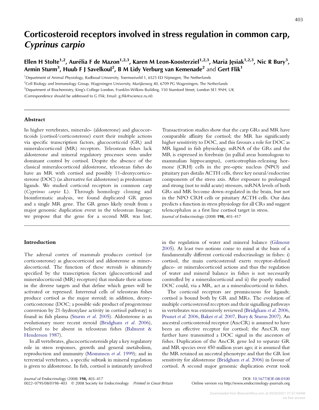 Corticosteroid Receptors Involved in Stress Regulation in Common Carp, Cyprinus Carpio