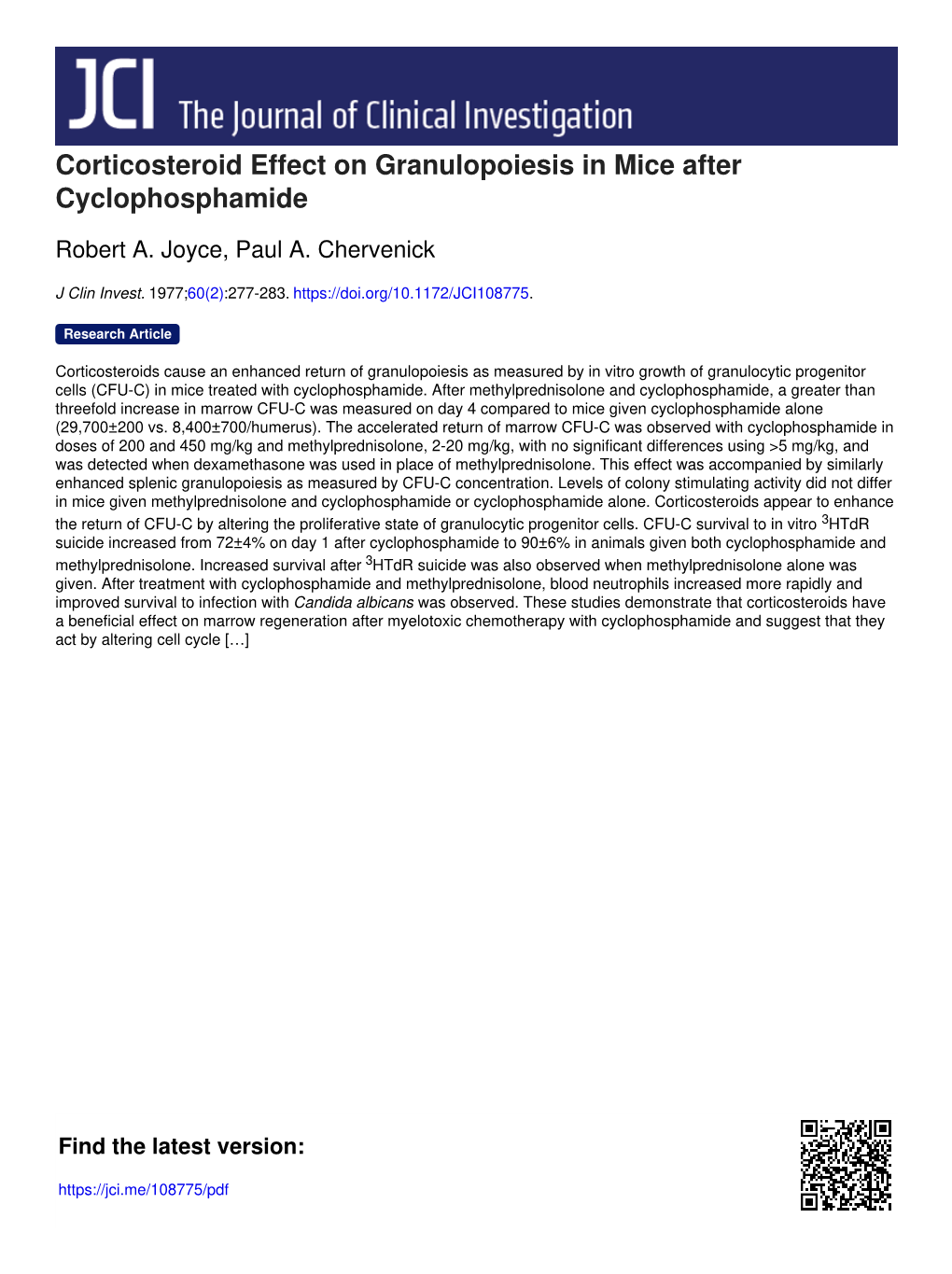Corticosteroid Effect on Granulopoiesis in Mice After Cyclophosphamide