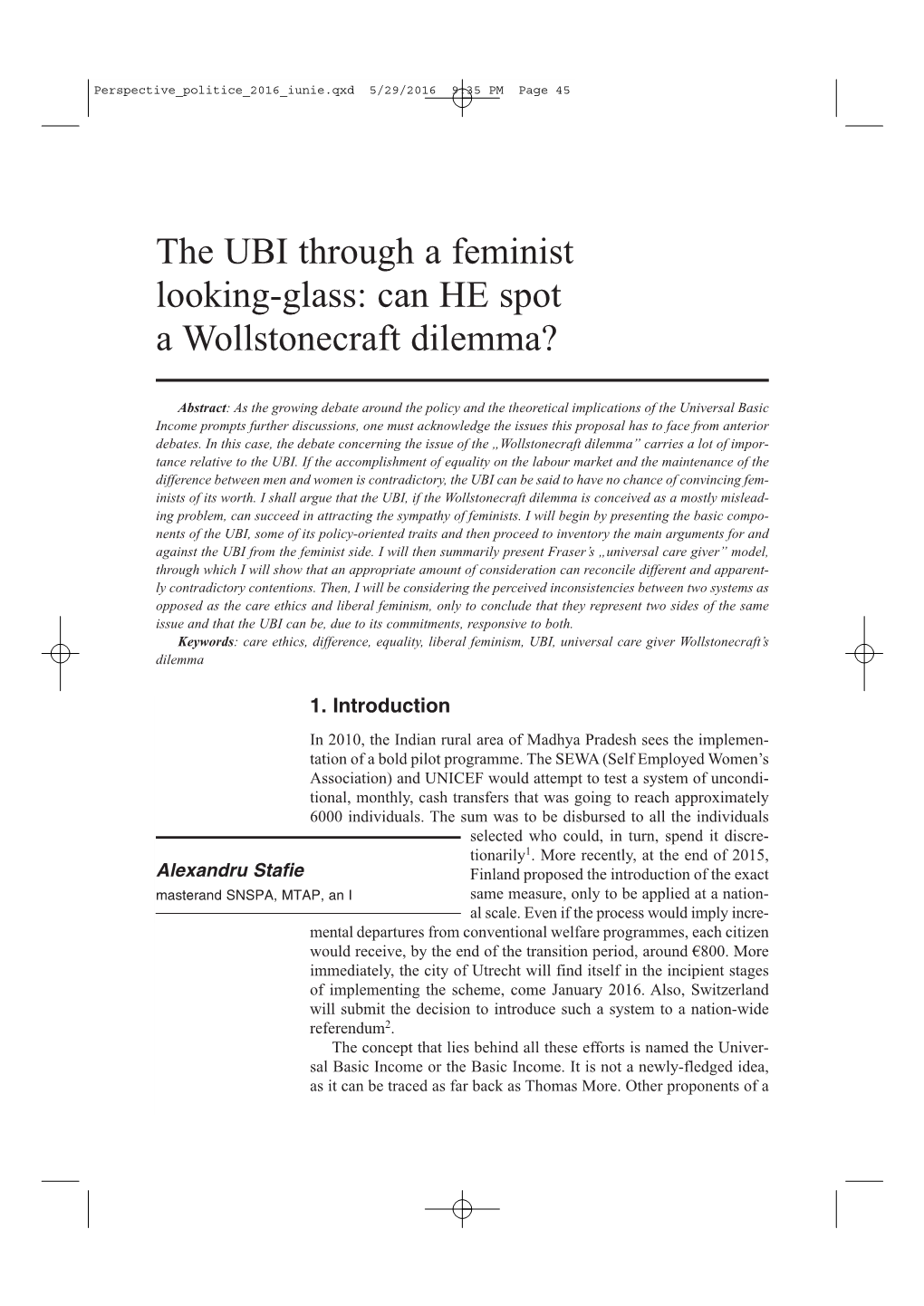 The UBI Through a Feminist Looking-Glass: Can HE Spot a Wollstonecraft Dilemma?