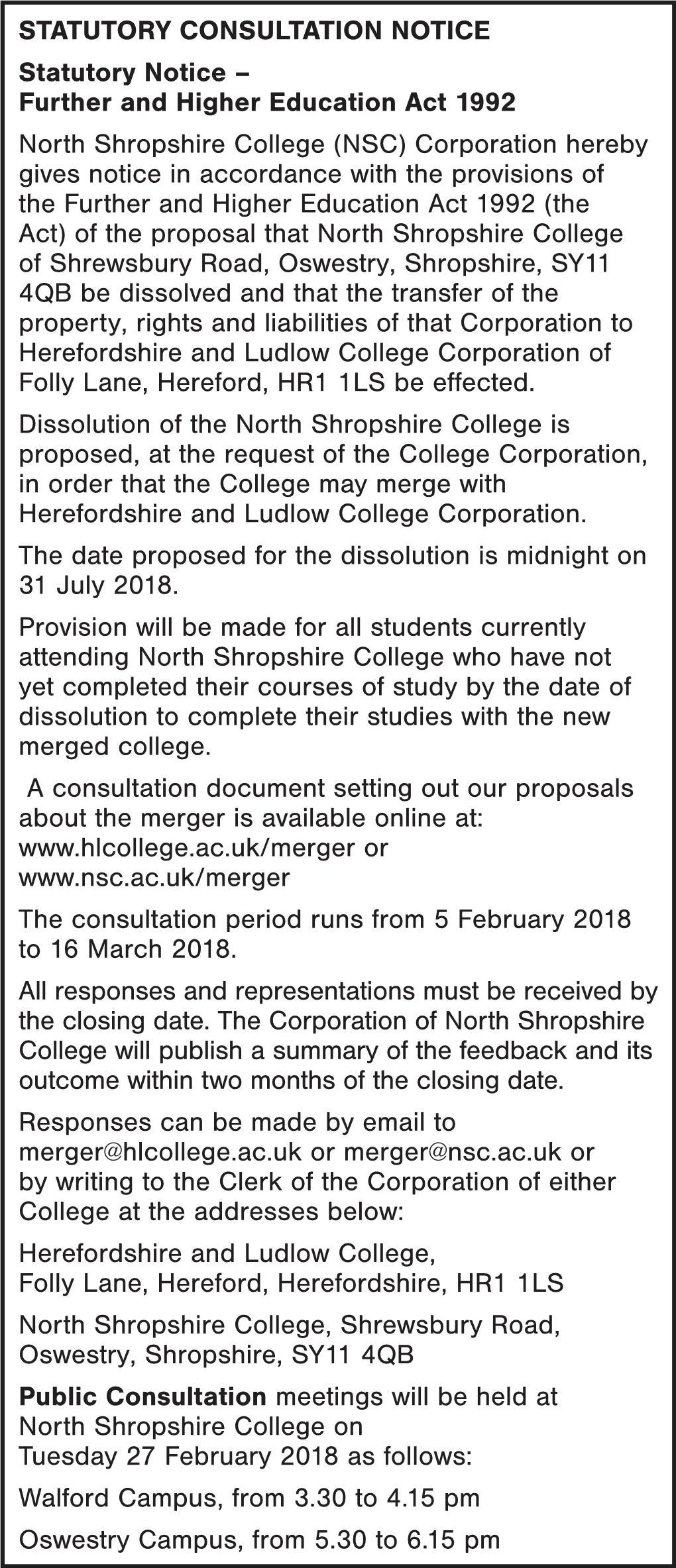 Further and Higher Education Act 1992 North Shropshire College