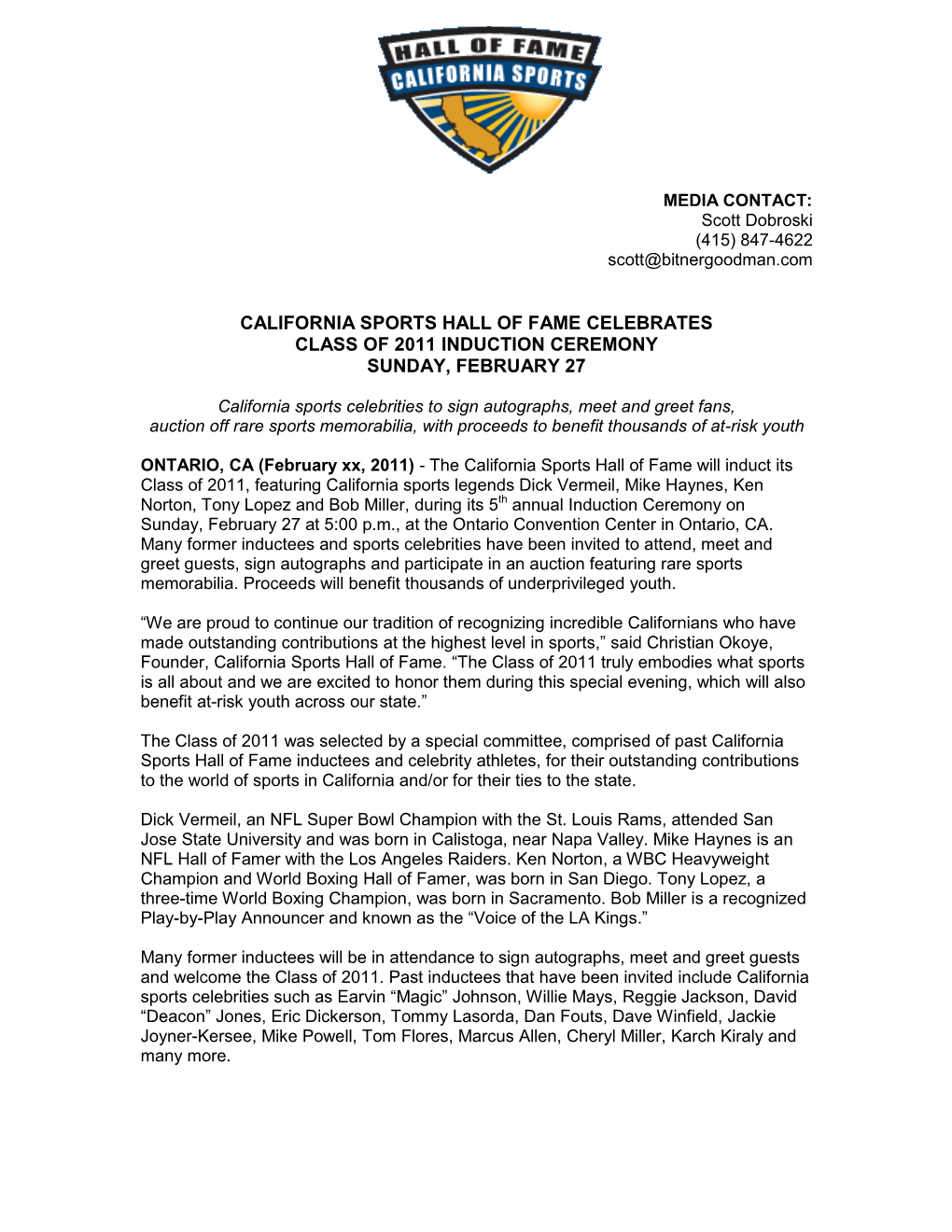 2011 Induction Press Release