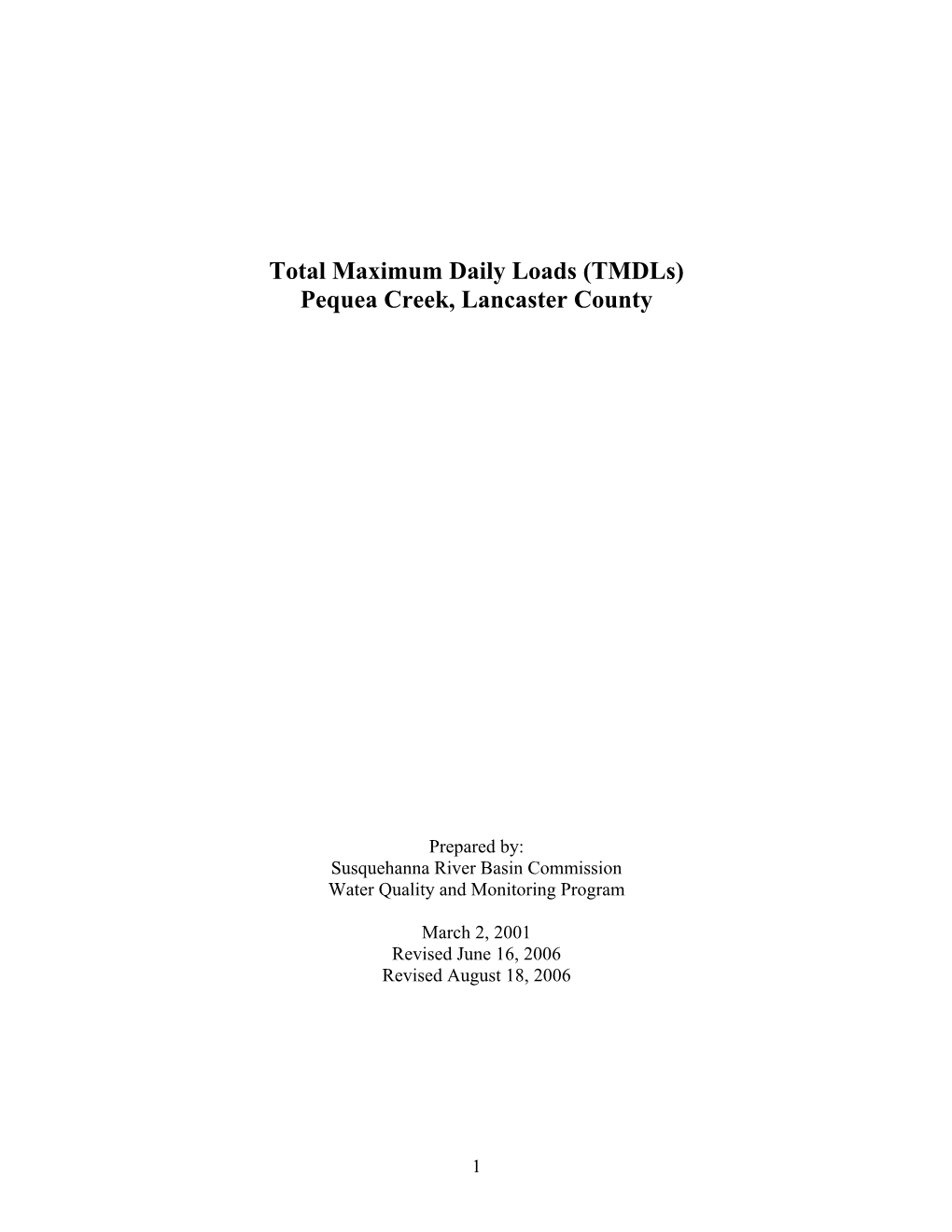 Total Maximum Daily Loads (Tmdls) Pequea Creek, Lancaster County