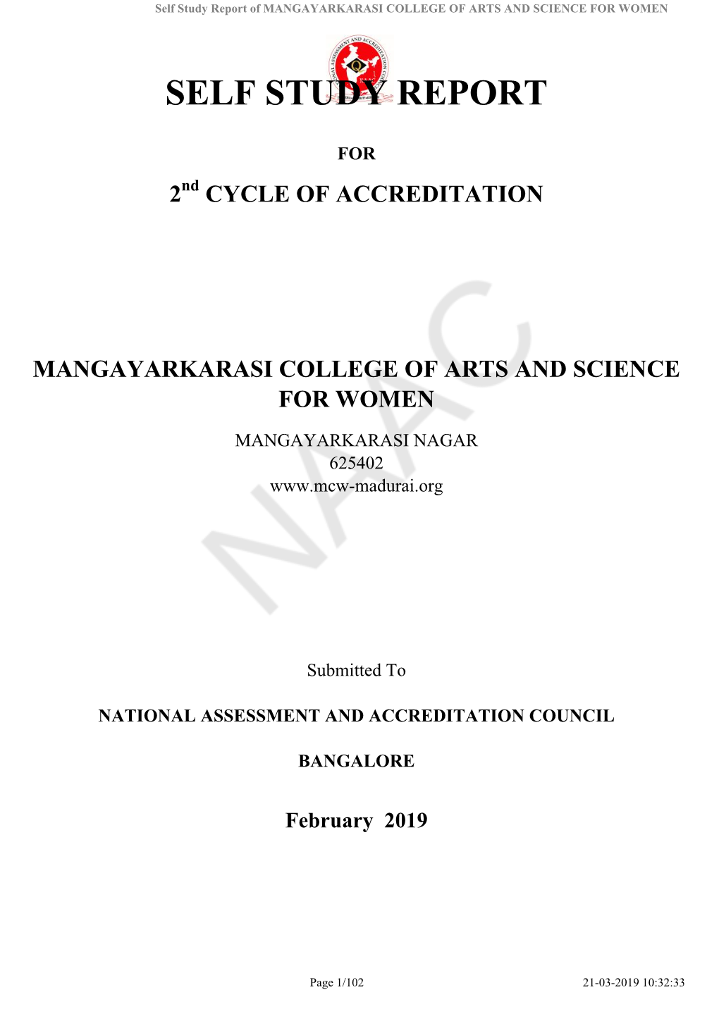 Self Study Report of MANGAYARKARASI COLLEGE of ARTS and SCIENCE for WOMEN