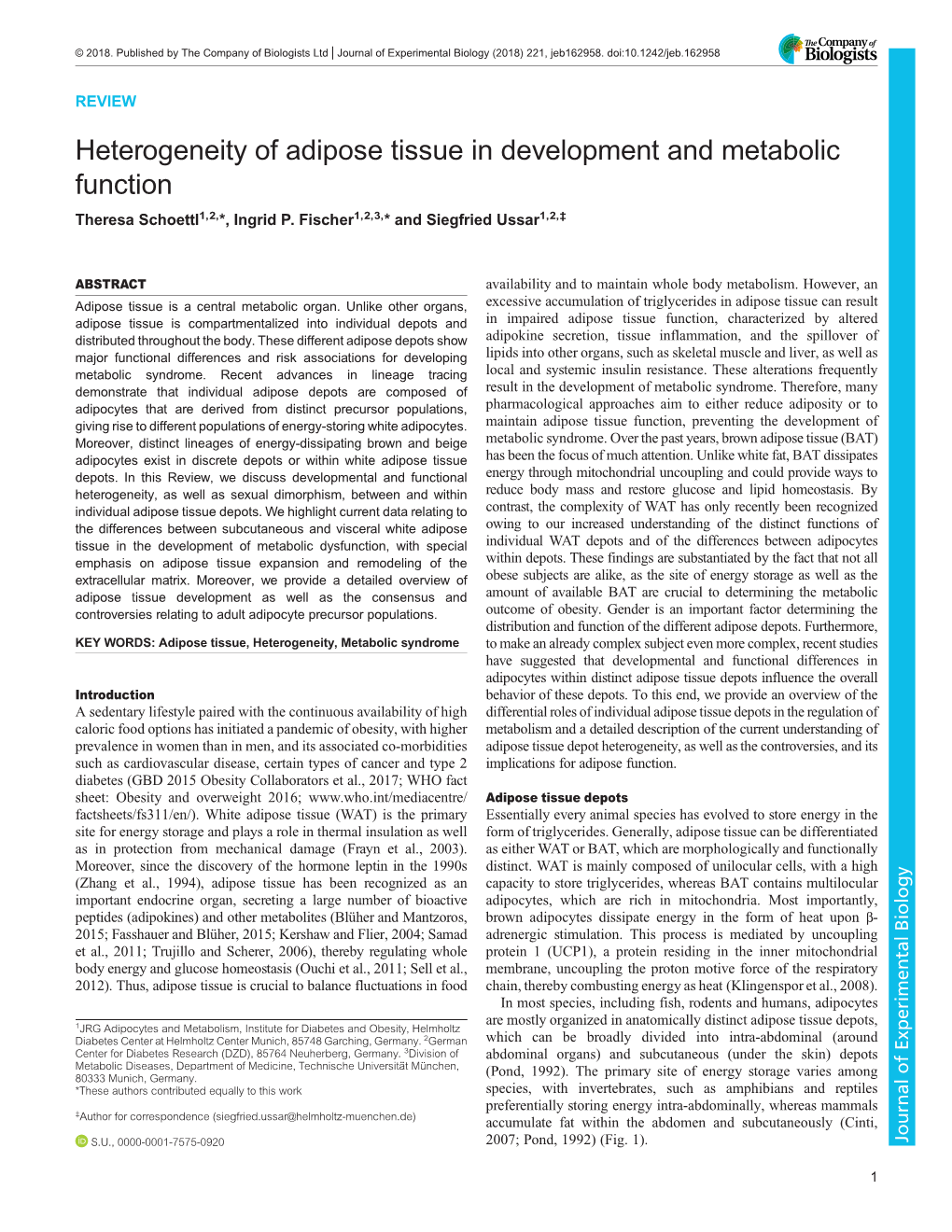 Heterogeneity of Adipose Tissue in Development and Metabolic Function Theresa Schoettl1,2,*, Ingrid P