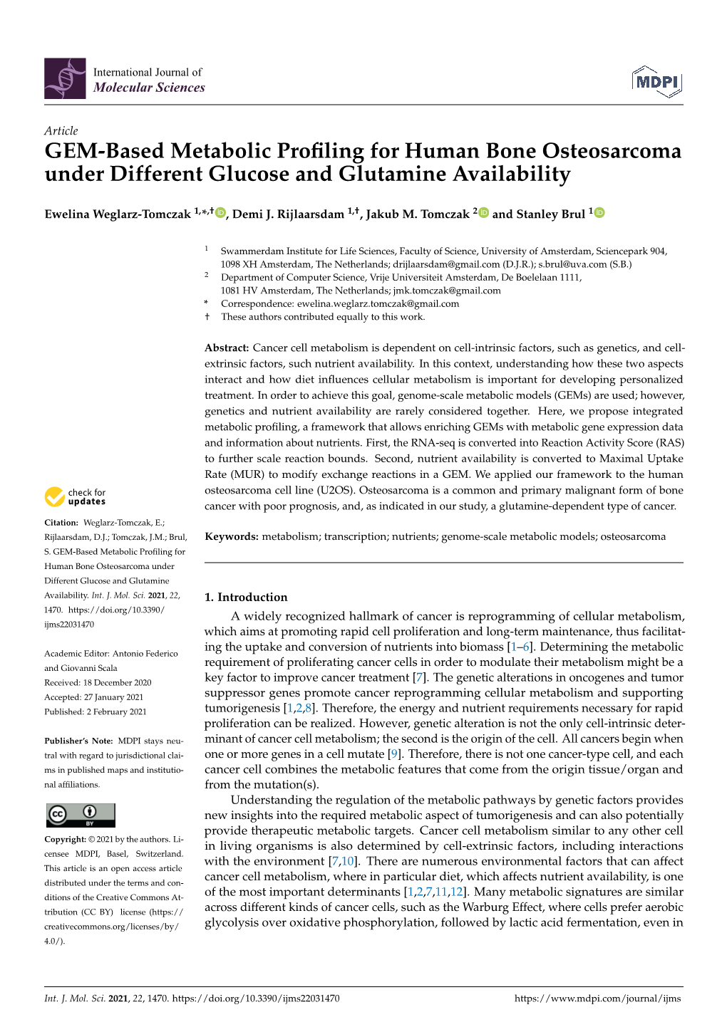 GEM-Based Metabolic Profiling for Human Bone Osteosarcoma