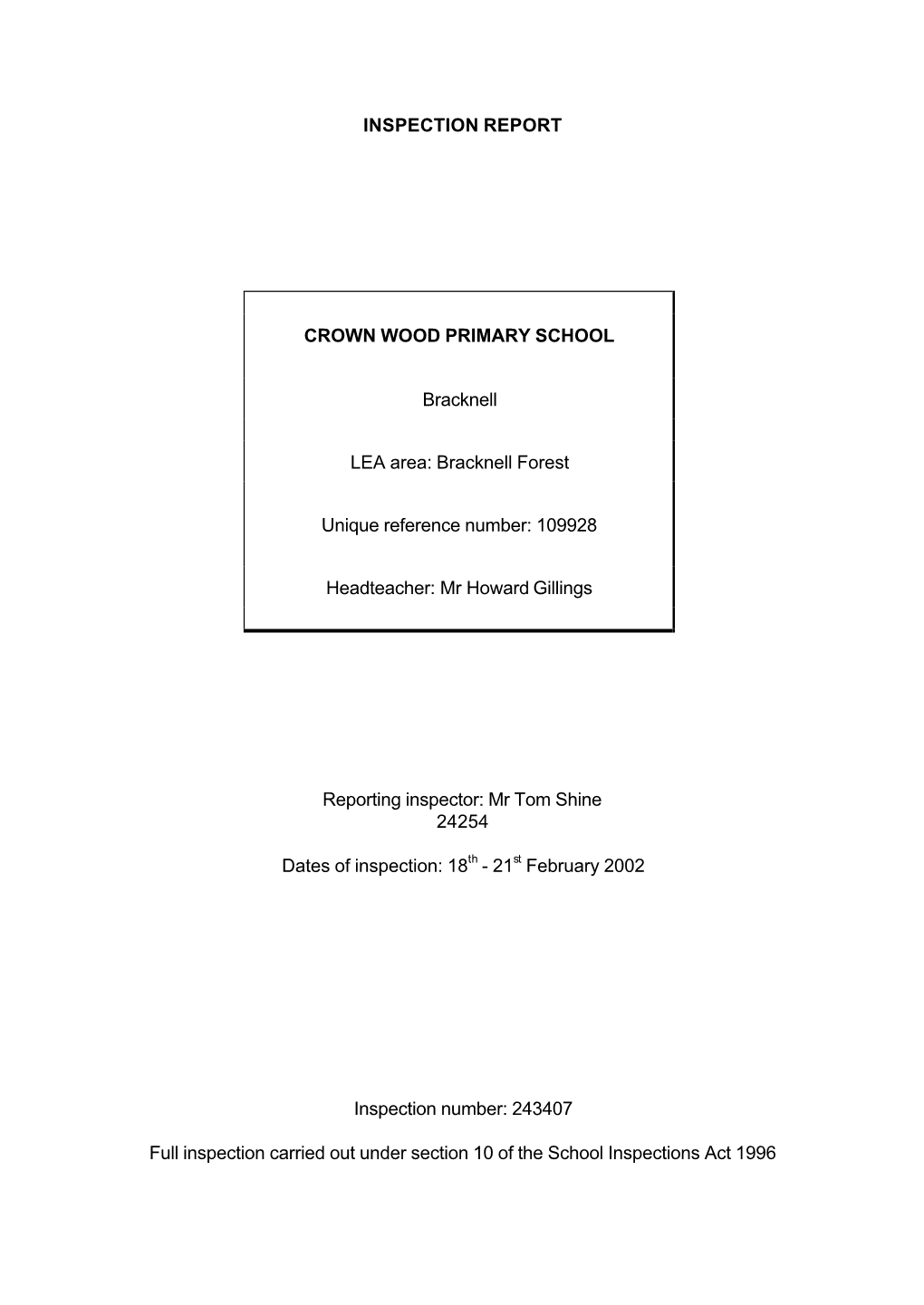 Inspection Report Crown Wood Primary School