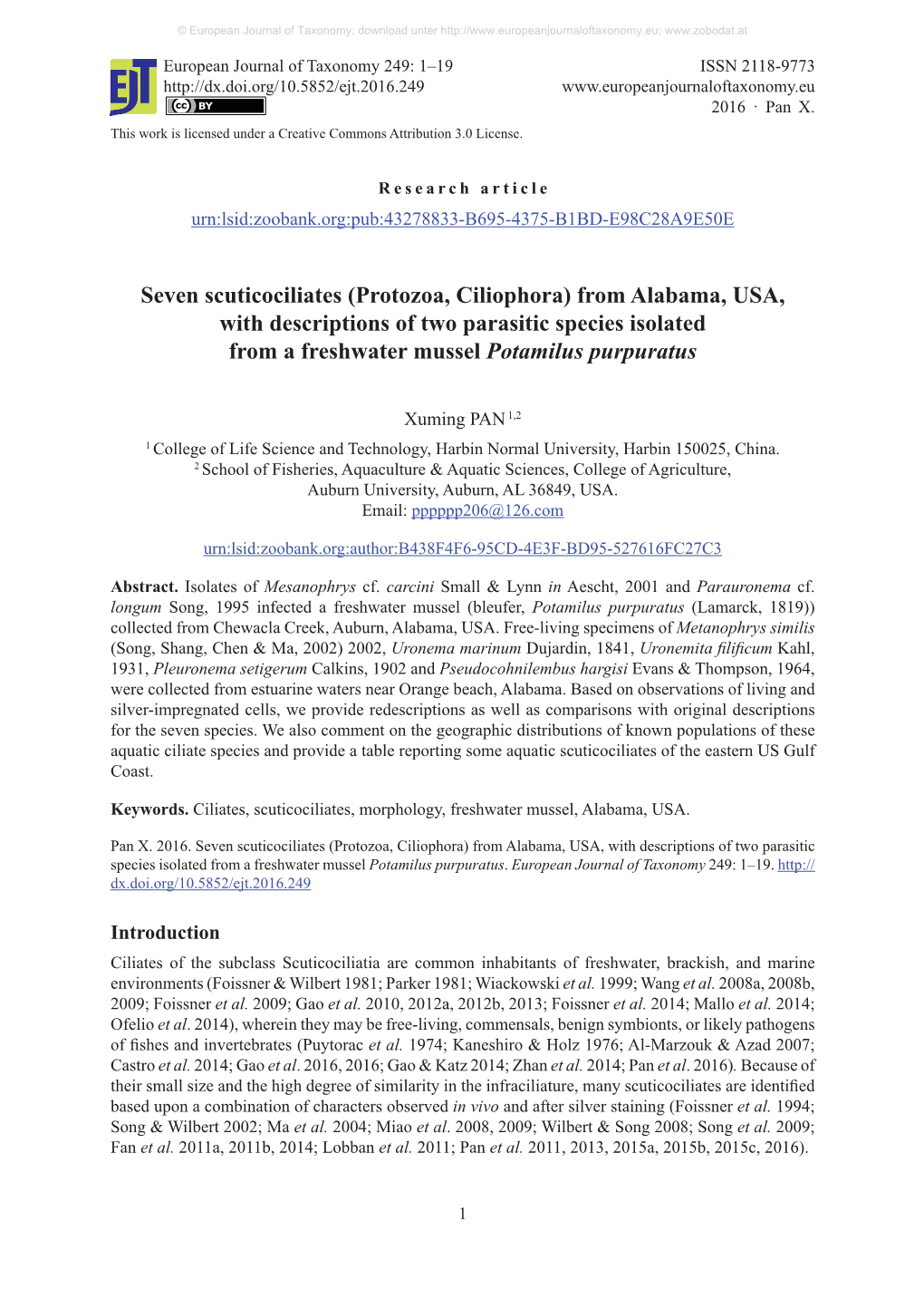 Seven Scuticociliates (Protozoa, Ciliophora) from Alabama, USA, with Descriptions of Two Parasitic Species Isolated from a Freshwater Mussel Potamilus Purpuratus