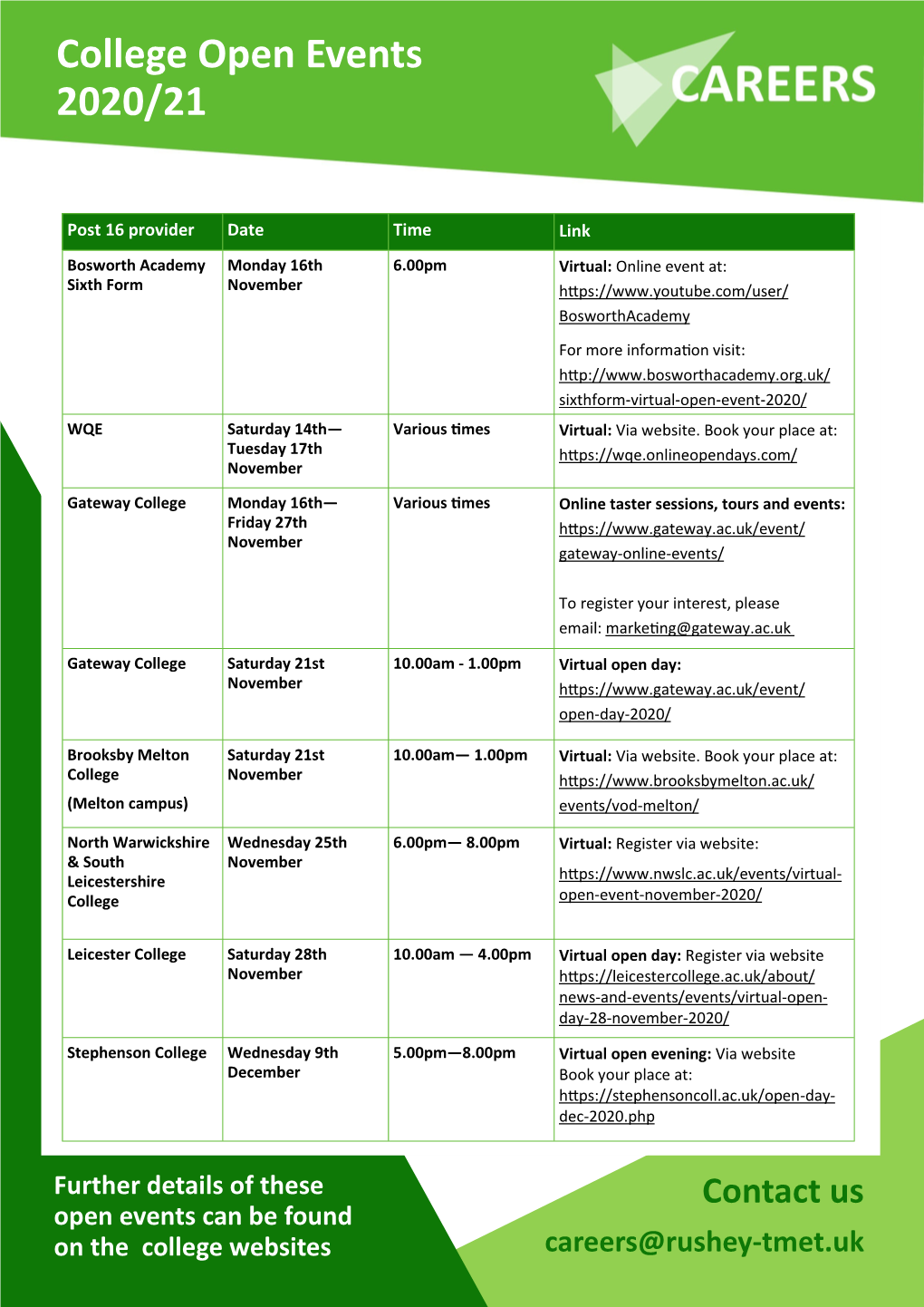 College Open Events 2020/21