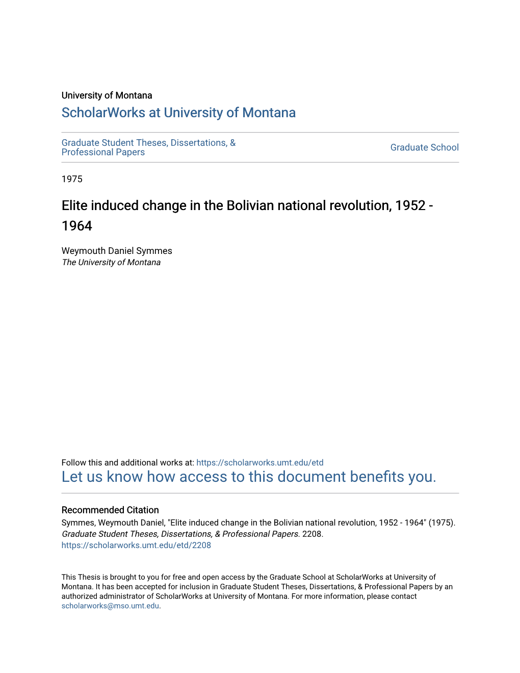 Elite Induced Change in the Bolivian National Revolution, 1952 - 1964