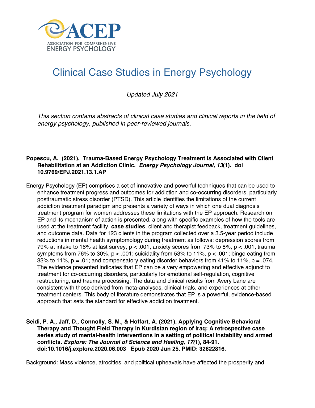 Clinical Case Studies in Energy Psychology