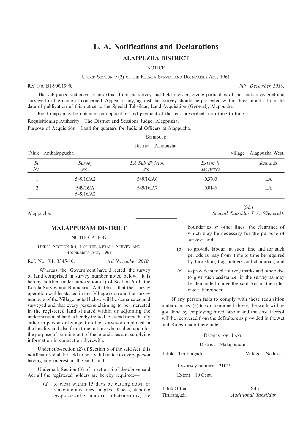 L. A. Notifications and Declarations ALAPPUZHA DISTRICT NOTICE