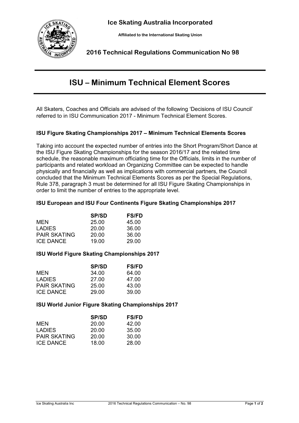 ISU – Minimum Technical Element Scores