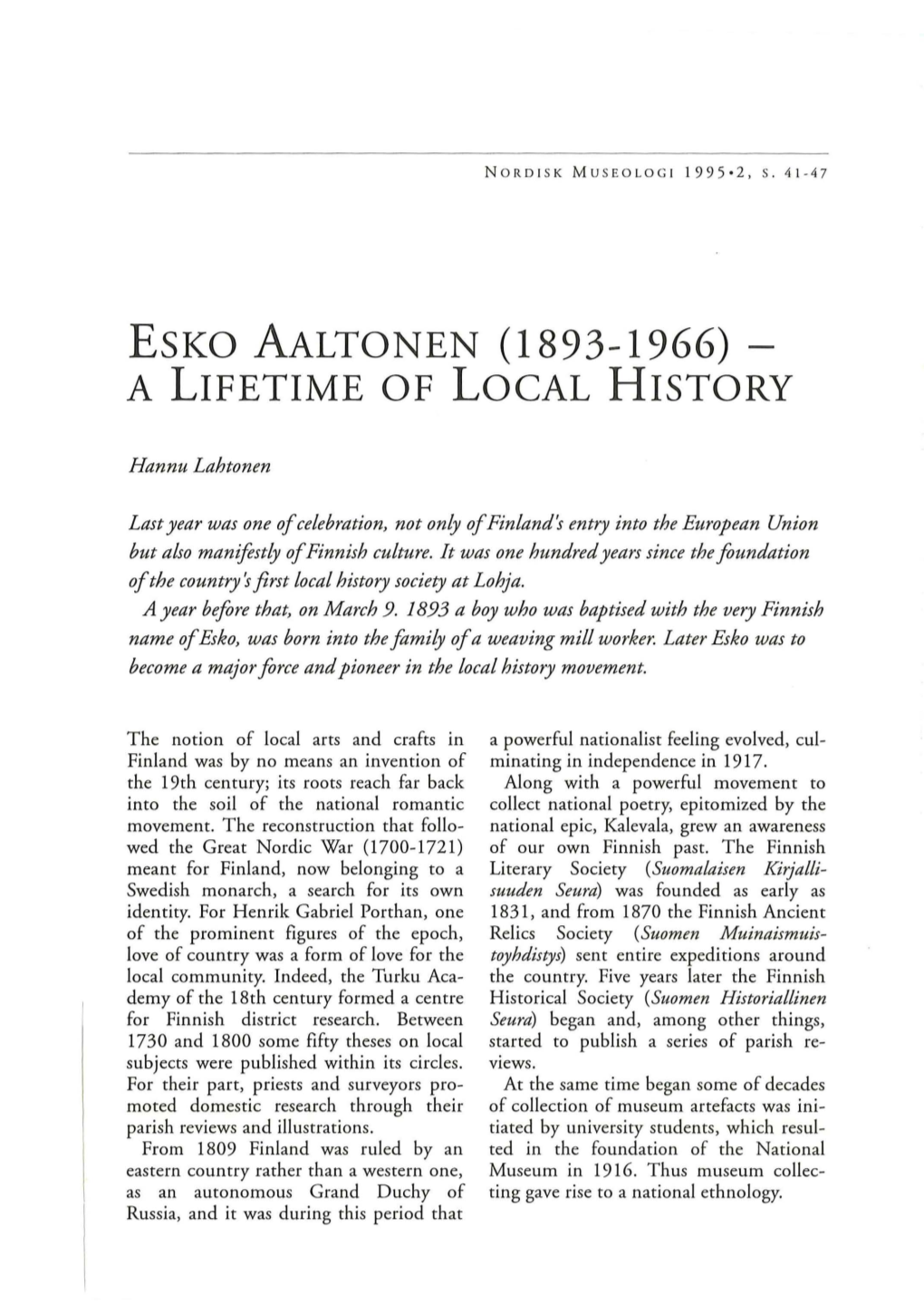 Esko Aaltonen (1893-1966) a Lifetime of Local History