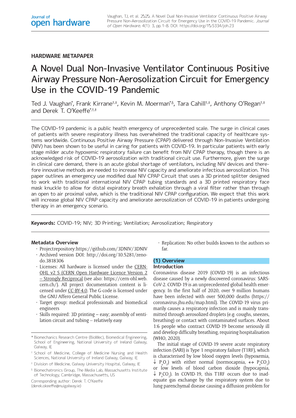 A Novel Dual Non-Invasive Ventilator Continuous Positive Airway Pressure Non-Aerosolization Circuit for Emergency Use in the COVID-19 Pandemic