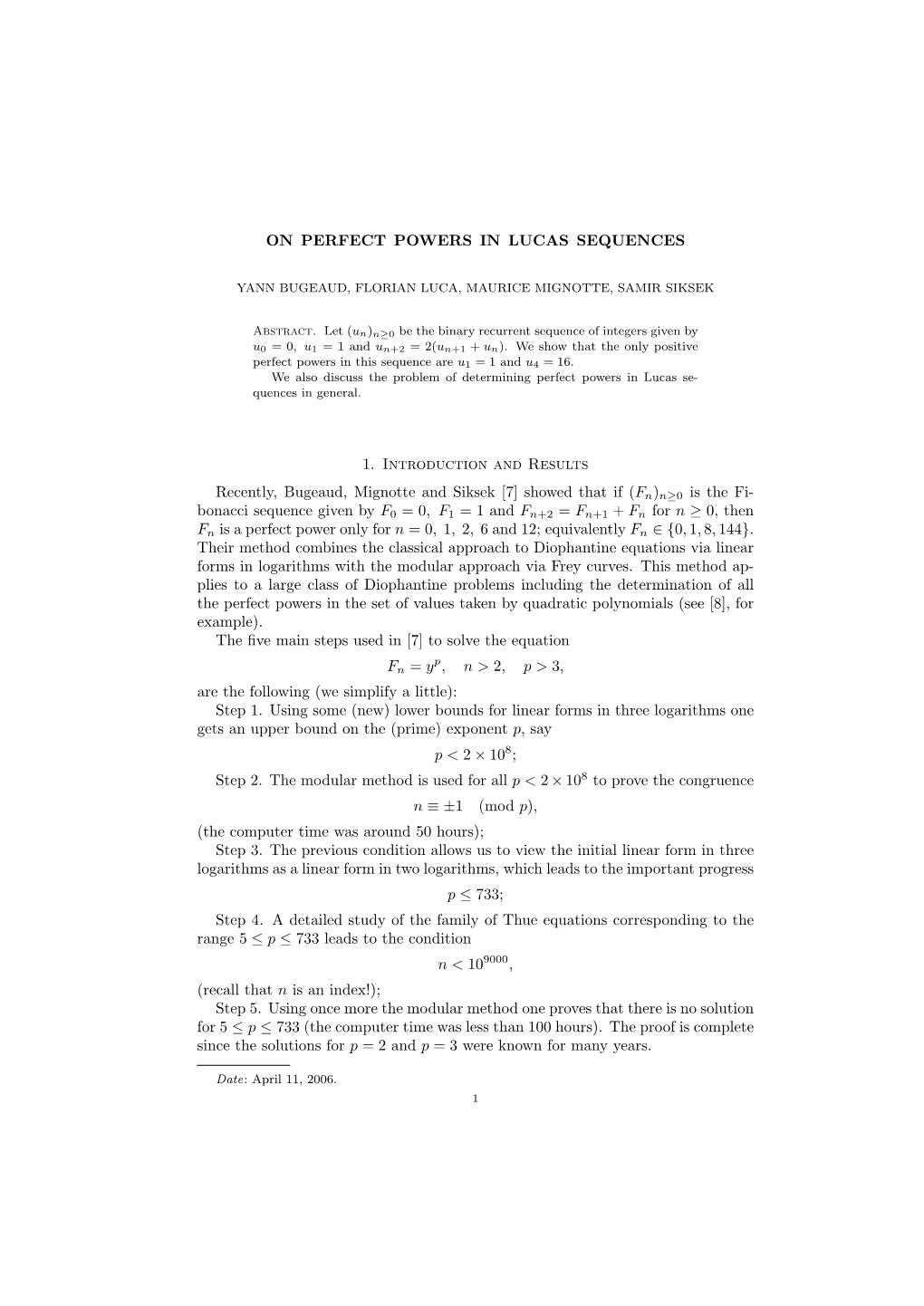 On Perfect Powers in Lucas Sequences