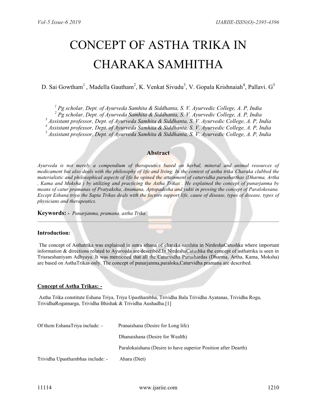 Concept of Astha Trika in Charaka Samhitha