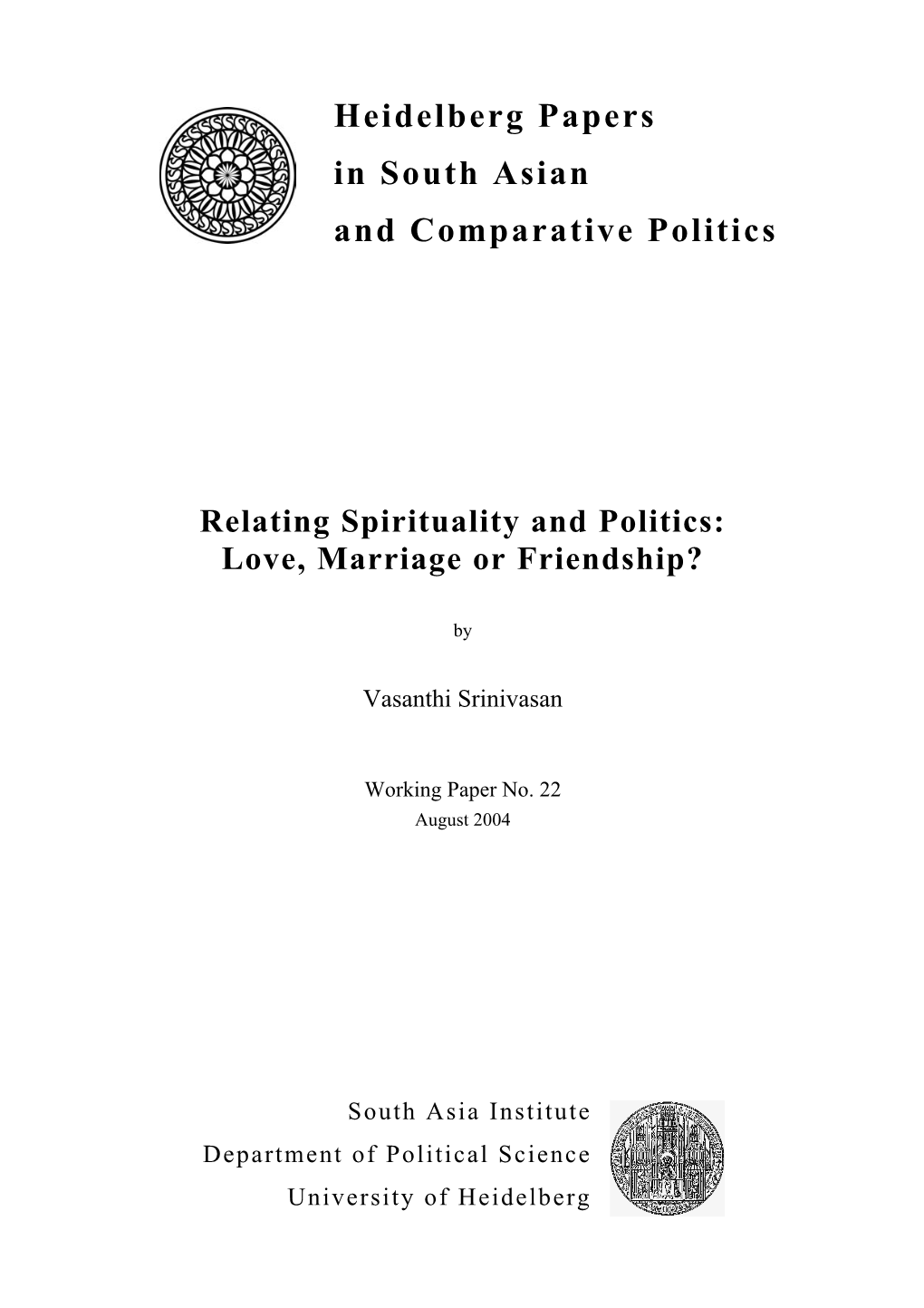 HEIDELBERG PAPERS in SOUTH ASIAN and COMPARATIVE POLITICS Working Paper No