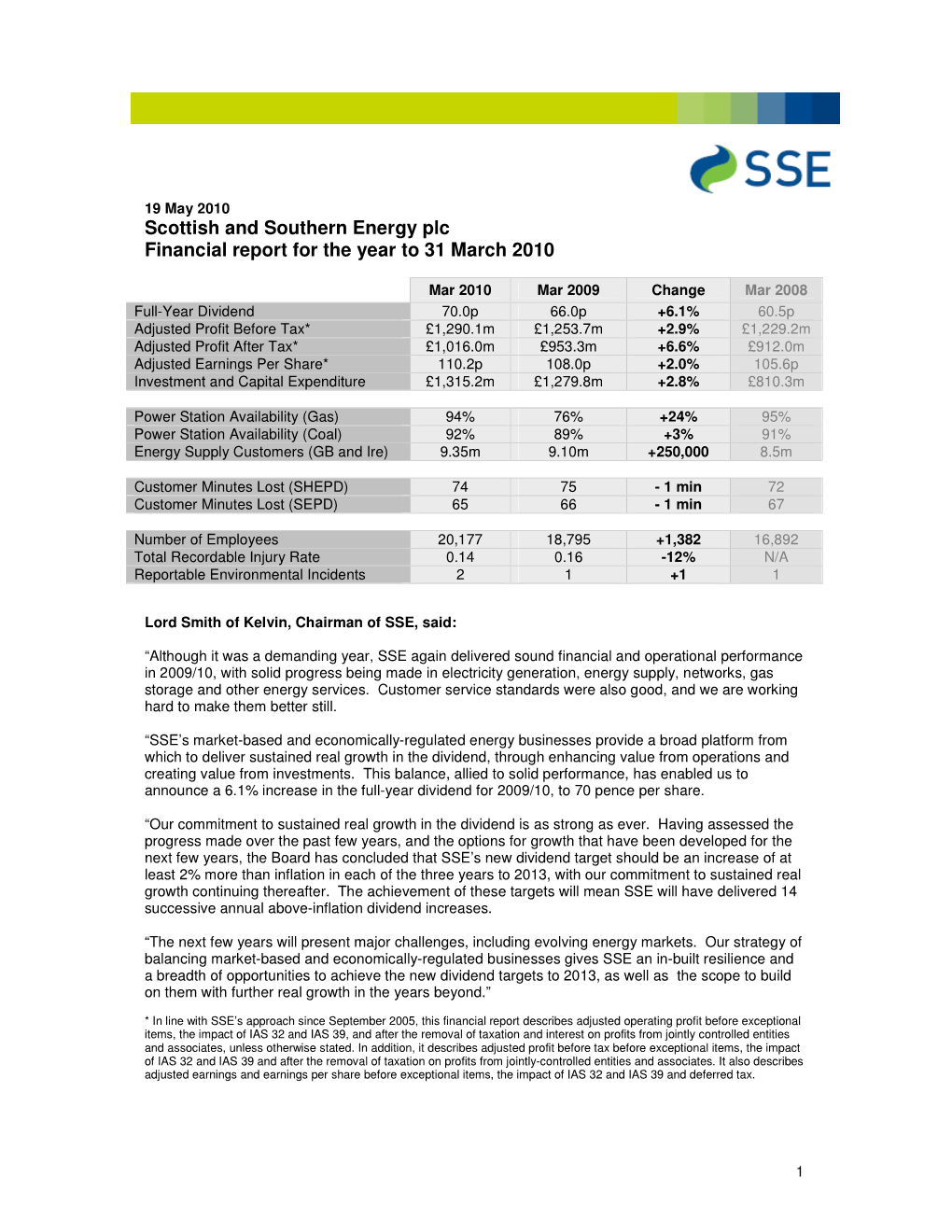 Scottish and Southern Energy Plc Financial Report for the Year to 31 March 2010