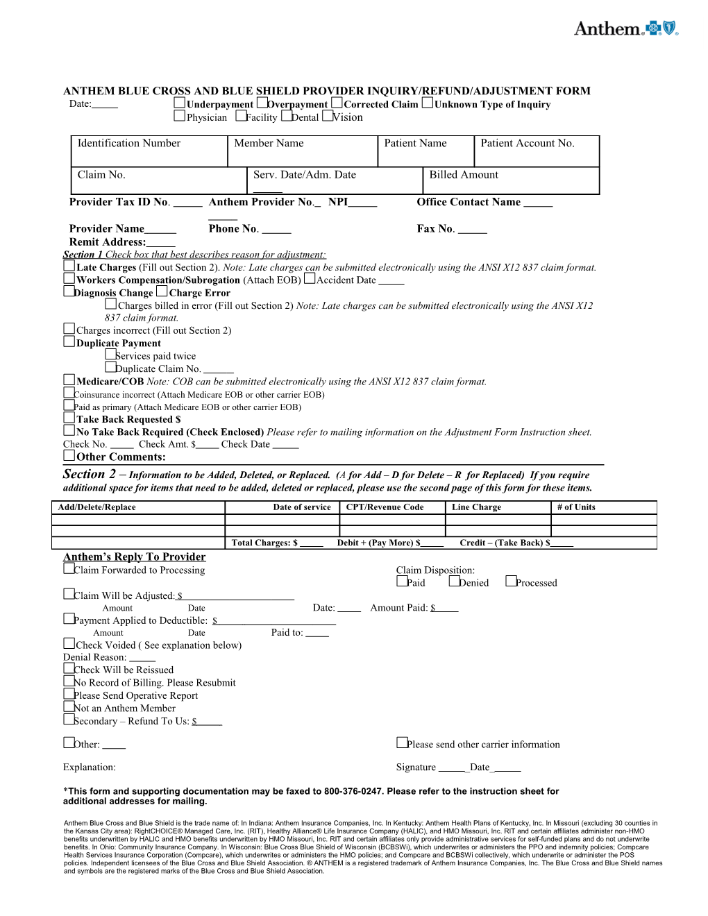 Anthem Midwest Provider Inquiry/Refund/Adjustment Form