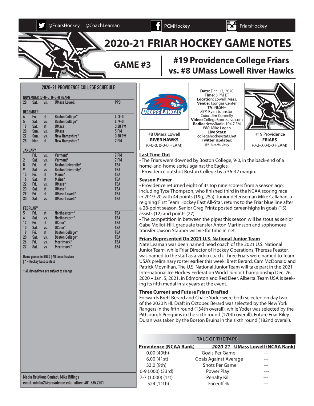 2020-21 Friar Hockey Game Notes