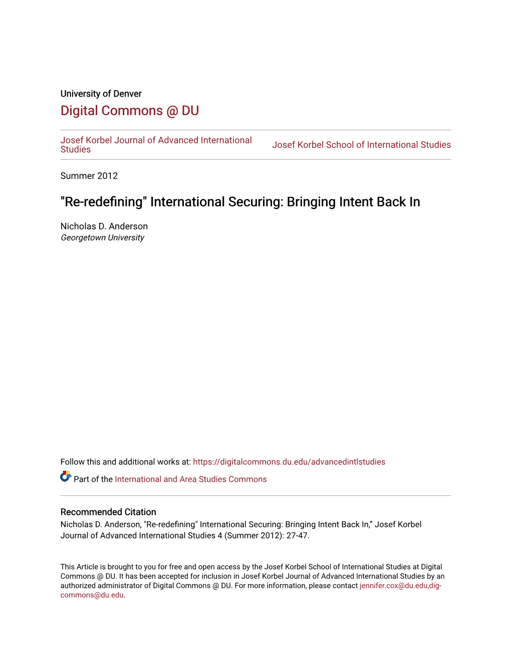 "Re-Redefining" International Securing: Bringing Intent Back In