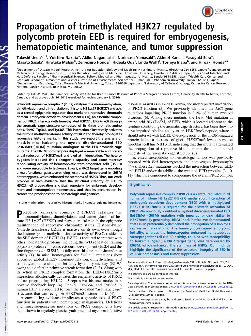 Propagation of Trimethylated H3K27 Regulated by Polycomb Protein EED Is Required for Embryogenesis, Hematopoietic Maintenance, and Tumor Suppression